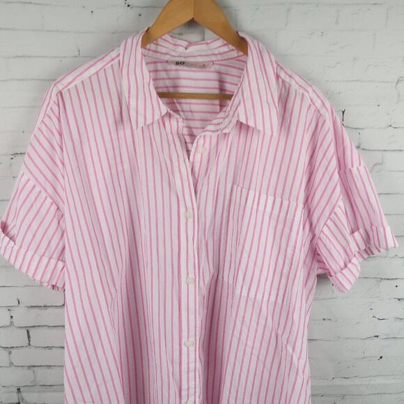 SO PINK & WHITE STRIPE SHORT SLEEVE BUTTON DOWN COTTON TOP SIZE 2X - Picture 6 of 7